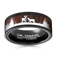 Metal Masters Co. Men's Black Tungsten Hunting Ring Wedding Band Wood Inlay Deer Stag Silhouette
