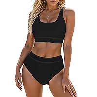 Blooming Jelly Womens High Waist Bikini Sets Sporty Color Block Two Piece Swimsuits Scoop Neck Cheeky Bathing Suits
