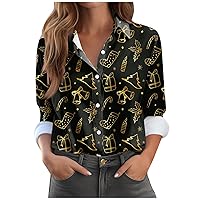 Women's Fall Fashion Shirt Blouse Christmas Print Button Long Sleeve Casual Basic Shirt Collar Regular Top, S-3XL