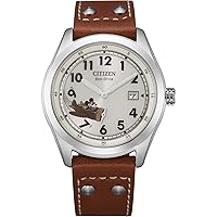 Citizen Eco-Drive Men's Disney Mickey Mouse Aviator Watch, Stainless Steel with Brown Leather Strap, 3-Hand Date, 40mm (Model: BV1088-08W)