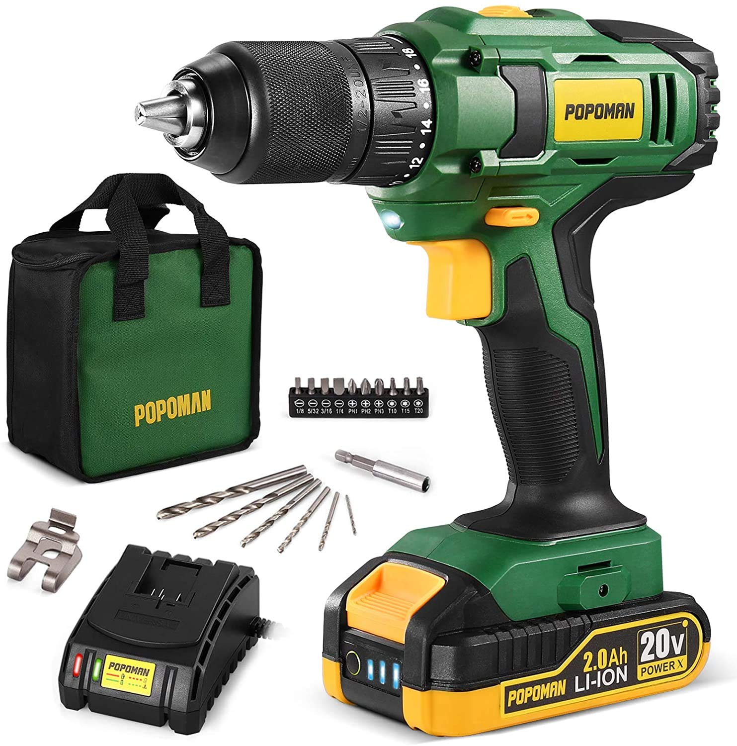 POPOMAN Cordless Drill, 20V MAX 1/2 inch Compact Drill Driver Kit, 2.0Ah Lithium-Ion Battery with Fast Charger, Metal Chuck, 398 In-lbs Torque, 18+1 Position Clutch, 17pcs Drill/Driver Bits - BHD750D