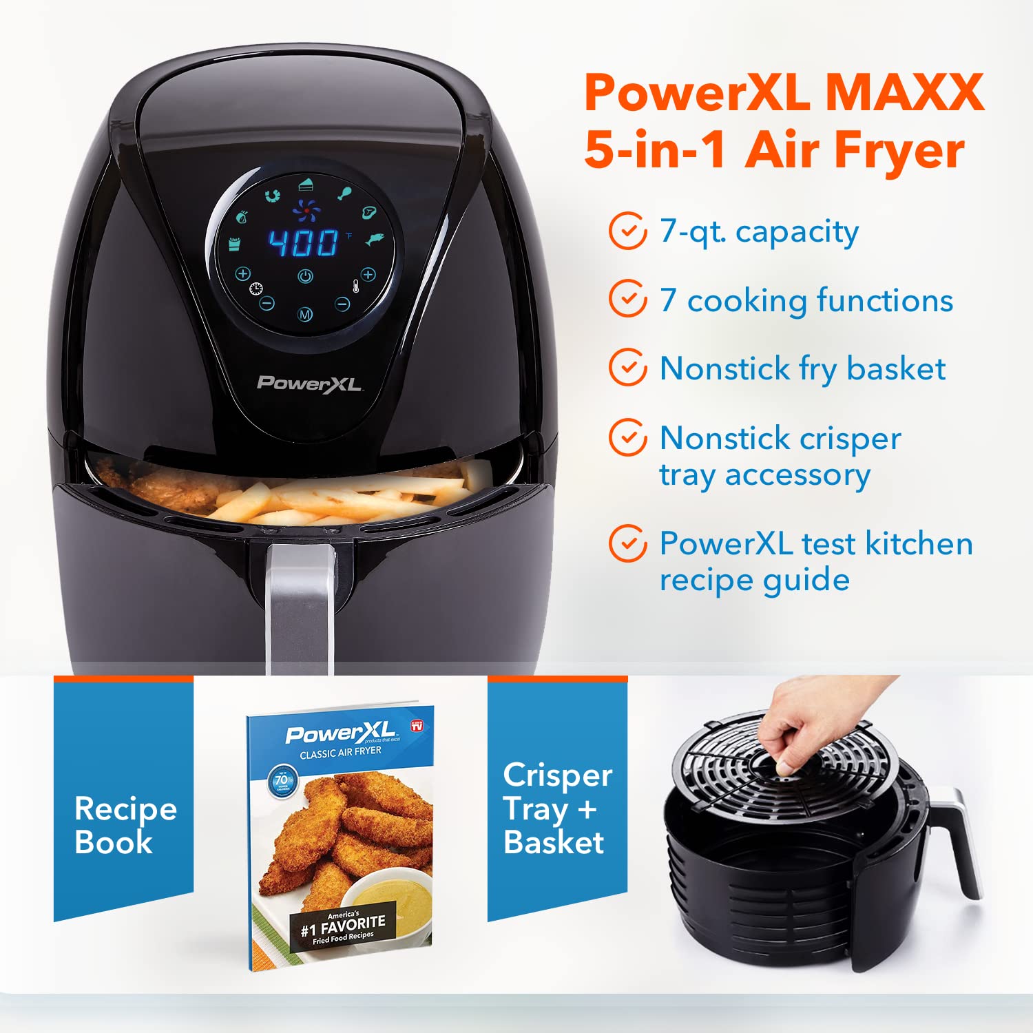 PowerXL Air Fryer 7 QT Maxx Classic, Extra Hot Air Fry, Cook, Crisp, Broil, Roast, Bake, High Gloss Finish, Black (7 Quart) (HF-196DT)