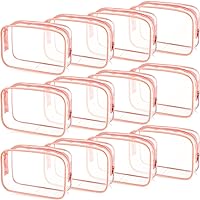 12 Pieces Clear Cosmetics Bag PVC Zippered Clear Toiletry Carry Pouch Portable Cosmetic Makeup Bag Waterproof Makeup Bag Vinyl Plastic Organizer Case for Vacation Bathroom(Pink,Large)