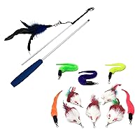 Pet Fit For Life Cat Feather Teaser Wand with 5 Worms and 5 Mice Bundle