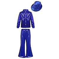 Girls Shiny Jazz Hip Hop Dance Costume Boys Sequins Button Down Shirt Bell Bottoms Pants Set for Halloween Party Outfit