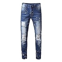 Andongnywell Man's Slim-fit Destroyed Denim Pants Men's Stretch Straight Fit Skinny Ripped Jeans Trousers