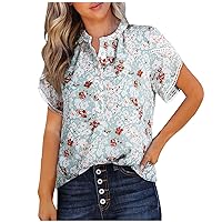 Boho Floral Print Summer Tops for Women Half Button Up V Neck Chiffon Work Blouses Petal Short Sleeve Bohemian Shirts