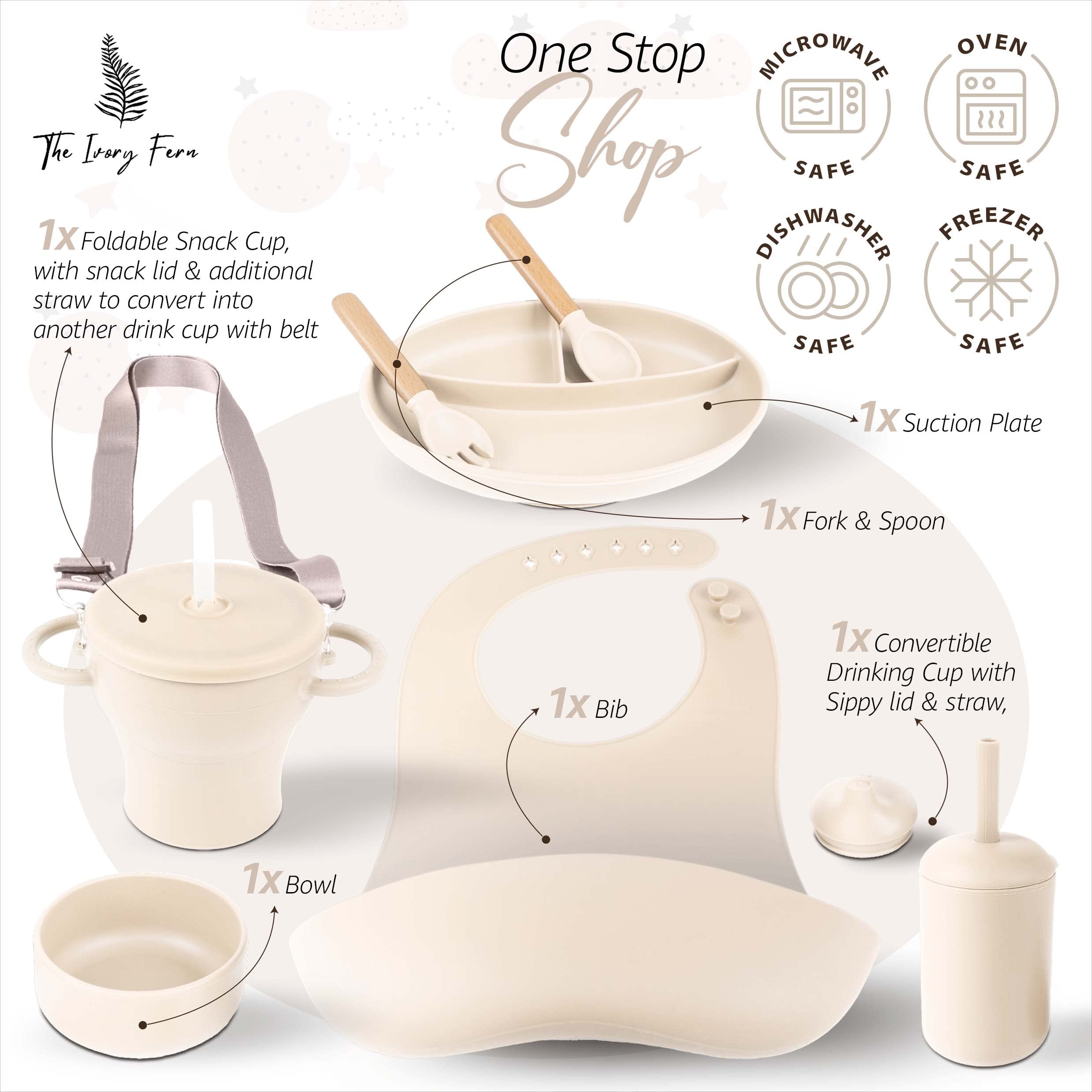 The Ivory Fern Silicone Baby Feeding Set,Baby Plates and Bowls Set, Bib, Convertible Drinking, Snack Cups, Feeding supplies