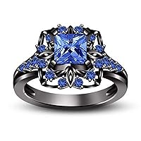 14K Black Gold Plating 1.50 Ct Princes & Round Cut Created Blue Sapphire Anniversary Promise Classic Look Princess Belle Ring Engagement & Wedding Ring