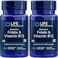 BioActive Folate & Vitamin B12, 150 Vegetarian Capsules (Pack of 2) B-9 L Methyl Folic Acid (5-MTHF) & B-12 Cofactor Veg Caps - Non GMO, Gluten Free B9 Supplement