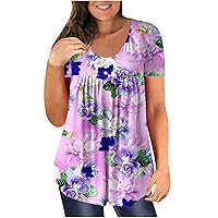 Women's Plus Size Tunic Tops Casual Summer Short Sleeve Crew Neck T Shir Fashion Floral Print Henley Shirts Hide Belly Blouse