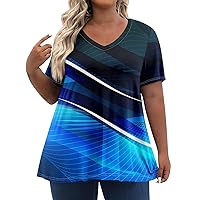 Polyester Patterned Tops for Women Plus Size Crew Neck Travel Pretty Shirt Graphic Comfy Short Sleeve Top for Women Blue