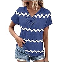 Womens Henley Tunic Tops Button Up T-Shirts Summer Short Sleeve V-Neck Casual Dressy Blouses Striped Tshirts