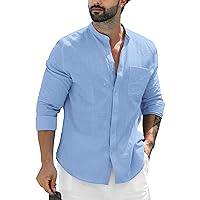 Mens Banded Collar Linen Cotton Summer Beach Button Down Long Sleeve Shirts Casual Yoga Tops with Pocket XS-3XL