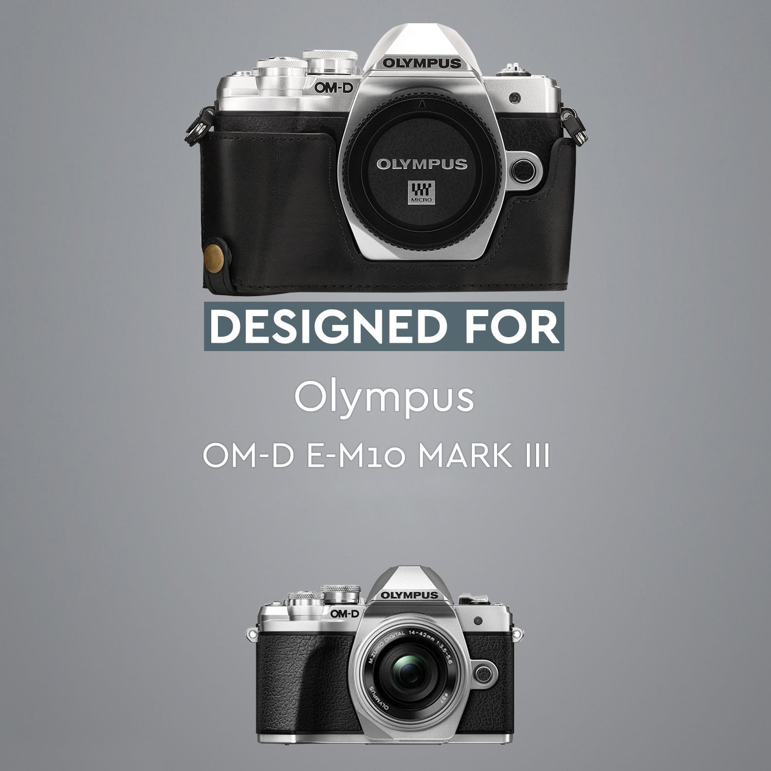 MegaGear Olympus OM-D E-M10 Mark III Ever Ready Leather Camera Half Case and Strap, with Battery Access - Black - MG1350