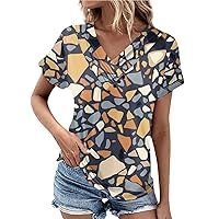 Women Tops Trendy V Neck Retro Printed T Shirts Fashion Pleated Button Tees Short Sleeve Clothes Spring Summer Blouse