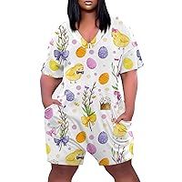 Plus Size Jumpsuits Ladies Easter Print Fashion Short Sleeve Summer V Neck Dressy 2024 Wide Rompers Loose With Pockets
