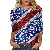 Womens Three Quarter Sleeve T Shirts, 4Th of July Shirt, Women's Fashion Casual Print Top Round Neck Pullover Blouse