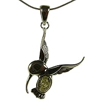 BALTIC AMBER AND STERLING SILVER 925 DESIGNER GREEN HUMMINGBIRD PENDANT NECKLACE - 10 12 14 16 18 20 22 24 26 28 30 32 34 36 38 40