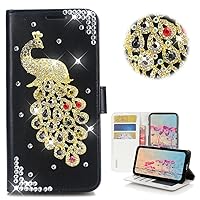 STENES Bling Wallet Phone Case Compatible with Moto G Play (2023) - Stylish - 3D Handmade Girls Women Crystal Peacock Magnetic Wallet Stand Leather Cover Case - Black