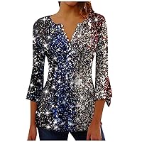 Womens Fourth of July Outfit American 3/4 Length Sleeve 2024 Independence Day Plus Size Casual V-Neck Blouse