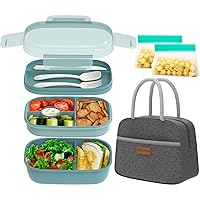 JBGOYON® Green Bento box adult Lunch Box with Bag, 3 Stackable Lunch Containers for Kids Adult, Minimalist Design Bento Box Built-in Plastic Utensil Set, Snack Bag, BPA-Free