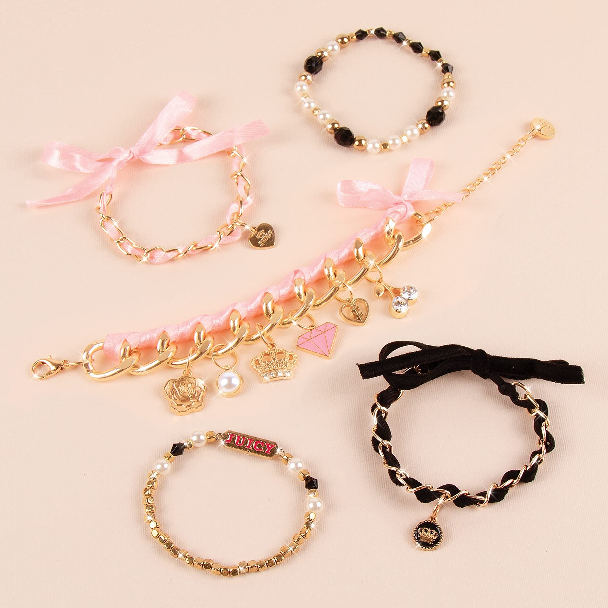 Make It Real - Juicy Couture Mini Chains and Charms - DIY Charm Bracelet Making Kit - Friendship Bracelet Kit with Charms, Beads & Cords - Arts & Crafts Bead Kit for Girls - Make 5 Bracelets