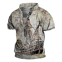 Mens T-Shirts,Short Sleeve Summer Plus Size Western Aztec T Shirt Button Vintage Loose Top Printed Casual Tee