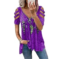 Andongnywell Womens Summer Print Tshirts Cut Out Cold Shoulder Tunic Tops Blouse Shirts Zipper Up Deep V Neck T Shirts