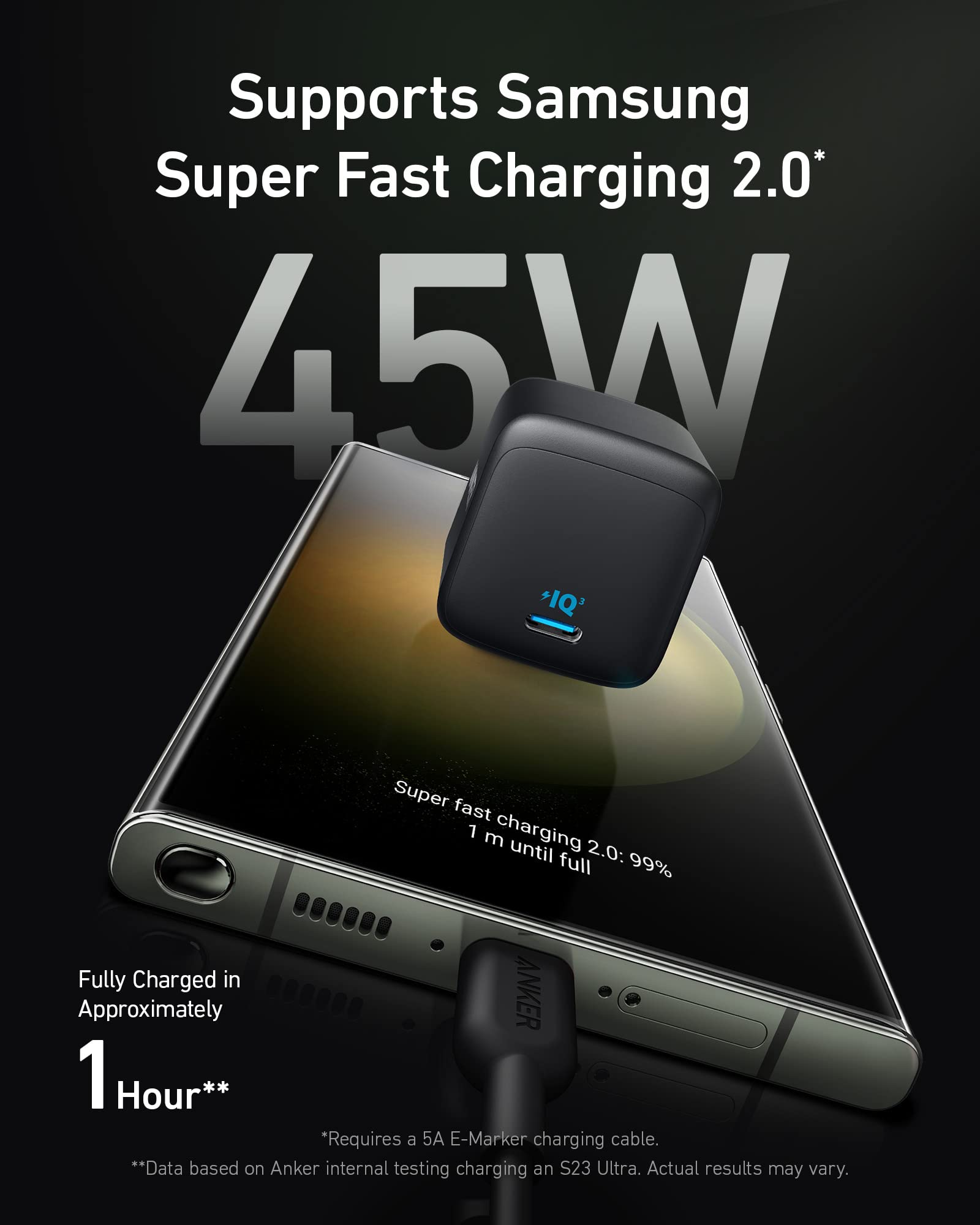45W USB C Super Fast 313 Charger, Anker Ace Foldable PPS Fast Charger Supports Super Fast Charging 2.0 for Samsung Galaxy S23 Ultra, S23+/S23/S22/S21/S20/Note 20/Note 10, Cable Not Included