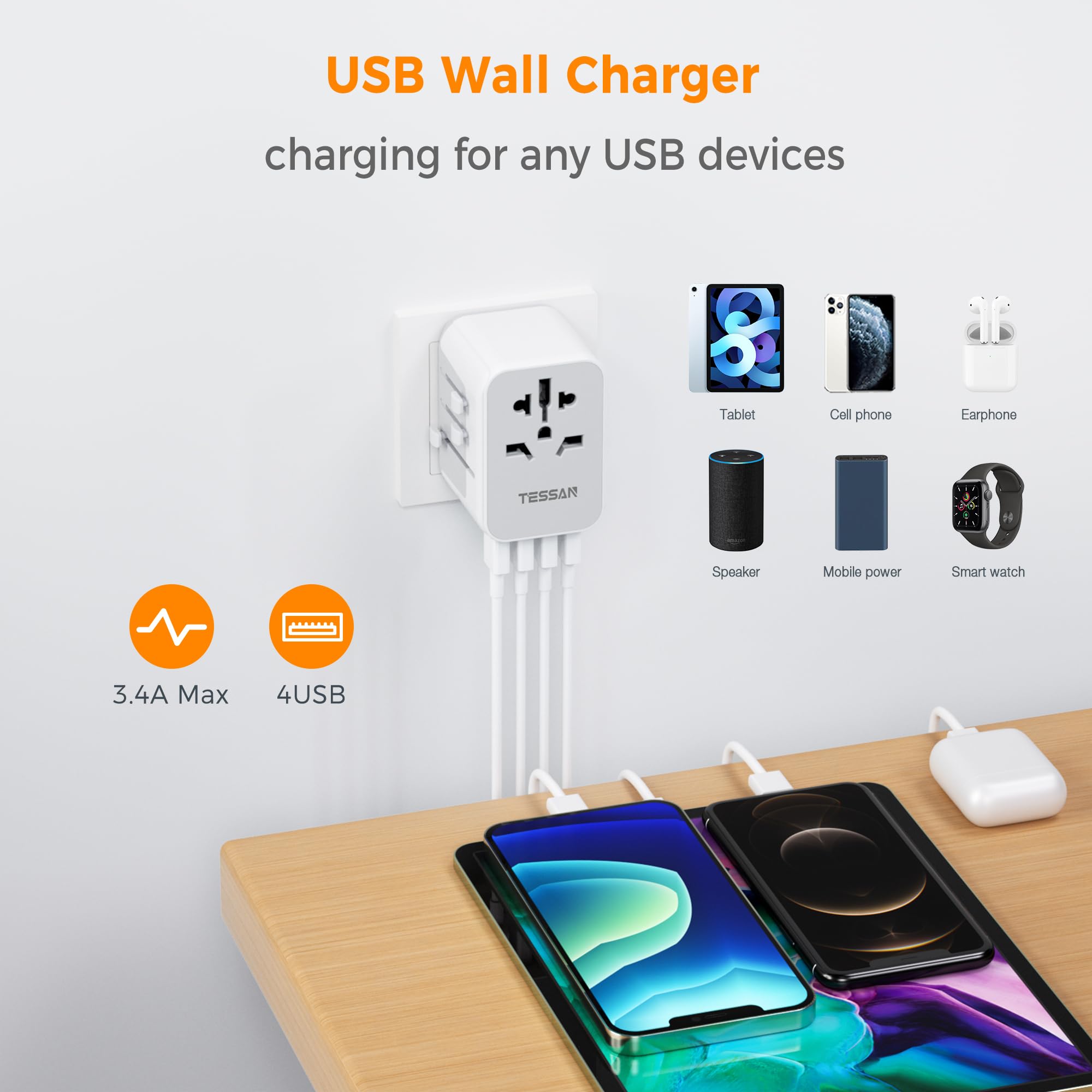 TESSAN Universal Power Adapter, International Plug Adapter with 4 USB Outlets, Travel Worldwide Essentials, All in 1 Wall Charger Converter for UK EU Europe Ireland AU (Type C/G/A/I) Grey