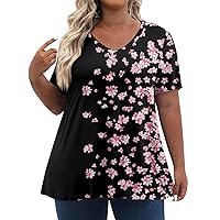 Plus Size Tops for Women Plus Size Womens Clothing Spring Cute Tops for Women Women's Fashion Casual V-Neck Short Sleeve Printed Blouses Shirts 23-Pink X-Large