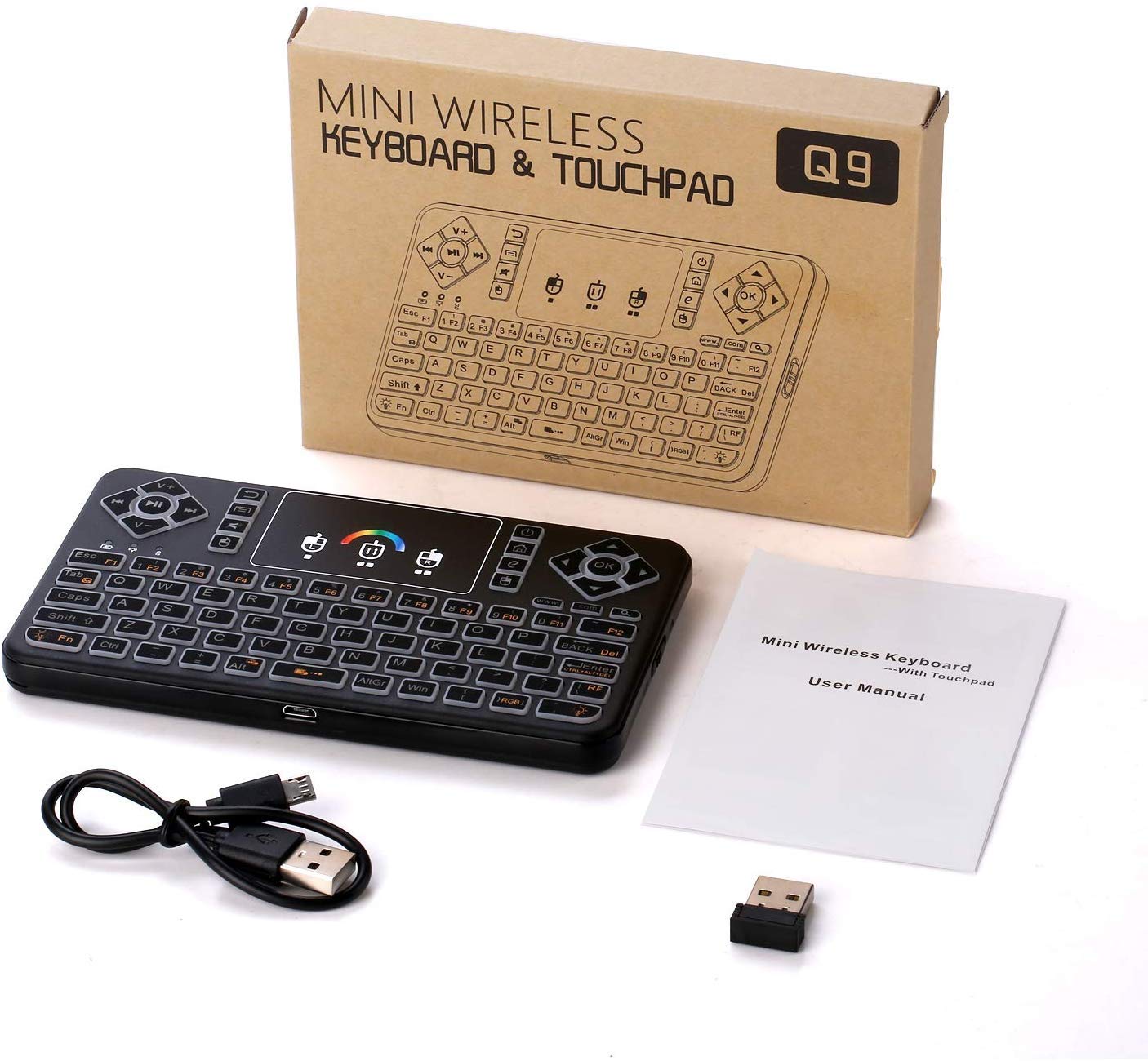 Mini Wireless Keyboard,Q9 Mini Keyboard with Touchpad,Colorful Backlit Small Wireless Keyboard,Mini Rechargeable Handheld Remote Keyboard for PC,Raspberry Pi 4, Android TV Box,KODI,Windows 7 8 10