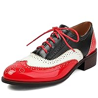LUXMAX Women Lace Up Oxford Shoes Flats Wingtip Brogues Shoes Low Chunky Heel Vintage Saddle Shoes