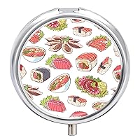 Round Pill Box Cute Japanese Sushi Pattern Portable Pill Case Medicine Organizer Vitamin Holder Container with 3 Compartments
