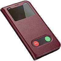 Genuine Leather Case for iPhone 13 Pro, Clear View Window Cowhide Leather Flip Phone Cover Stand Feature Protective Case for iPhone 13 Pro 6.1 inch (Color : Red)