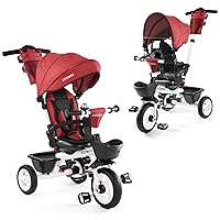 Baby Trike, 6-in-1 Kids Tricycle with Adjustable Push Handle, Removable Canopy, Safety Harness for 18 Months - 5 Year Old(Red)