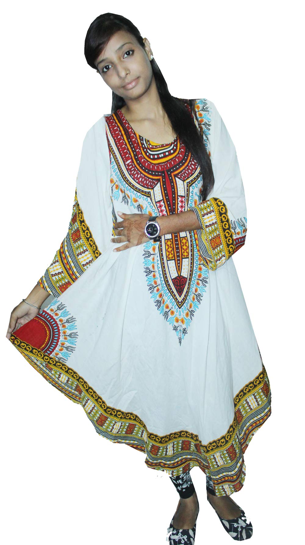 lakkar haveli Indian 100% Cotton Dashiki Print White Color Dress Women Fashion Long Plus Size