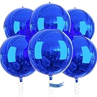 PartyWoo Blue Balloons, 6 pcs Royal Blue Birthday Decorations Boys, 22 inch Giant 4D Foil Balloons and Ribbon, Large Mylar Balloons, Metallic Blue Balloons for Wedding Decorations, Round