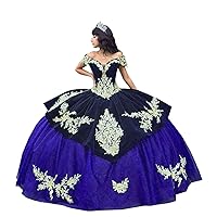 Deep V Neck Off Shoulder Ball Gown Velvet Glitter Tulle Prom Quinceanera Evening Dresses Gold Embellishment