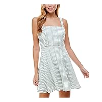 Womens Green Zippered Bow at Back Striped Sleeveless Square Neck Short Fit + Flare Dress Juniors 11
