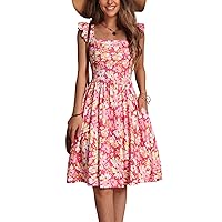 Loemes Summer Casual Cute Floral Flowy Square Neck Sundressses with Pocket Beach Dress for Women 2024