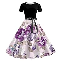 XJYIOEWT Mini Dresses for Women Sexy,Casual Vintage Cocktail Dresses for Women Short Sleeve Knee Length Retro A Line FLA