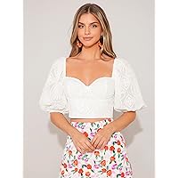 Women's Tops Women's Shirts Sexy Tops for Women Sweetheart Neck Puff Sleeve Crop Blouse (Color : White, Size : Medium)