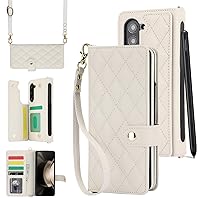 for Samsung Galaxy Z Fold 5 Wallet Case with S Pen Holder & Crossbody Lanyard Strap & Wrist Strip, Shockproof Stylish Protective Cover for Galaxy Z Fold 5 (White)