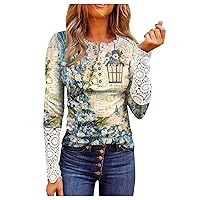 Plus Size Women's Fashion Button Round Neck Slim Floral Print Splicing Lace Long Sleeve Top T Shirts for Women