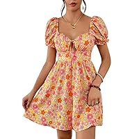 Dresses for Women - Floral Print Tie Front Puff Sleeve Dress for Women