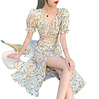 Lolita Gothic Dress Summer Dress Puff Sleeve Irregular Floral Dress Women's (Color : Flower, Size : Medium)