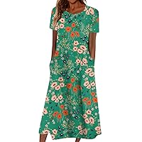 Summer Dresses for Women 2024 Spring Summer Trendy Floral Maxi Dress Elegant Flowy Beach Dress Fashion Short Sleeve Loose Ruched Vacation Dress Cruise Outfits Boho Clothes (C-Dark Green,Large)