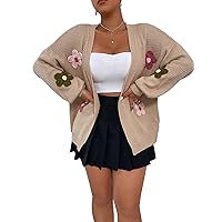 MakeMeChic Women's Plus Size Graphic Print Button Front V Neck Cardigan Sweater